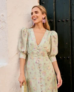 Polin et moi VESTIDOS INVITADA>Vestido Flores Sinza Verde agua